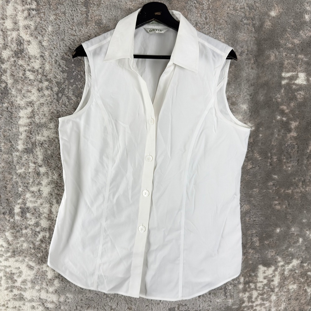 Orvis Size L Wrinkle Free Cotton Button Up Sleeveless Top White Women Shirt